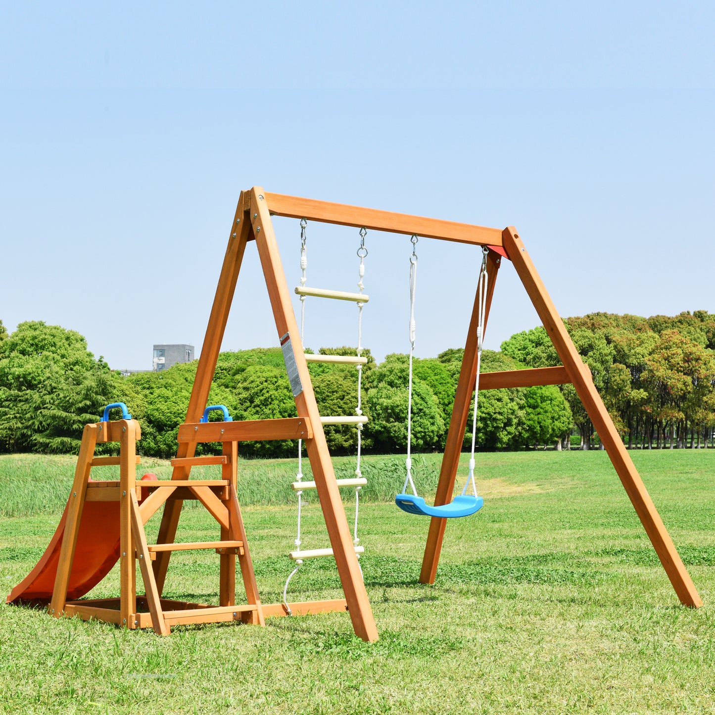 Wooden Swing Set with Slide, Outdoor Playset Backyard Activity Playground Climb Swing Outdoor Play Structure for Toddlers, Ready to Assemble Wooden Swing-N-Slide Set Kids Climbers himalipasal