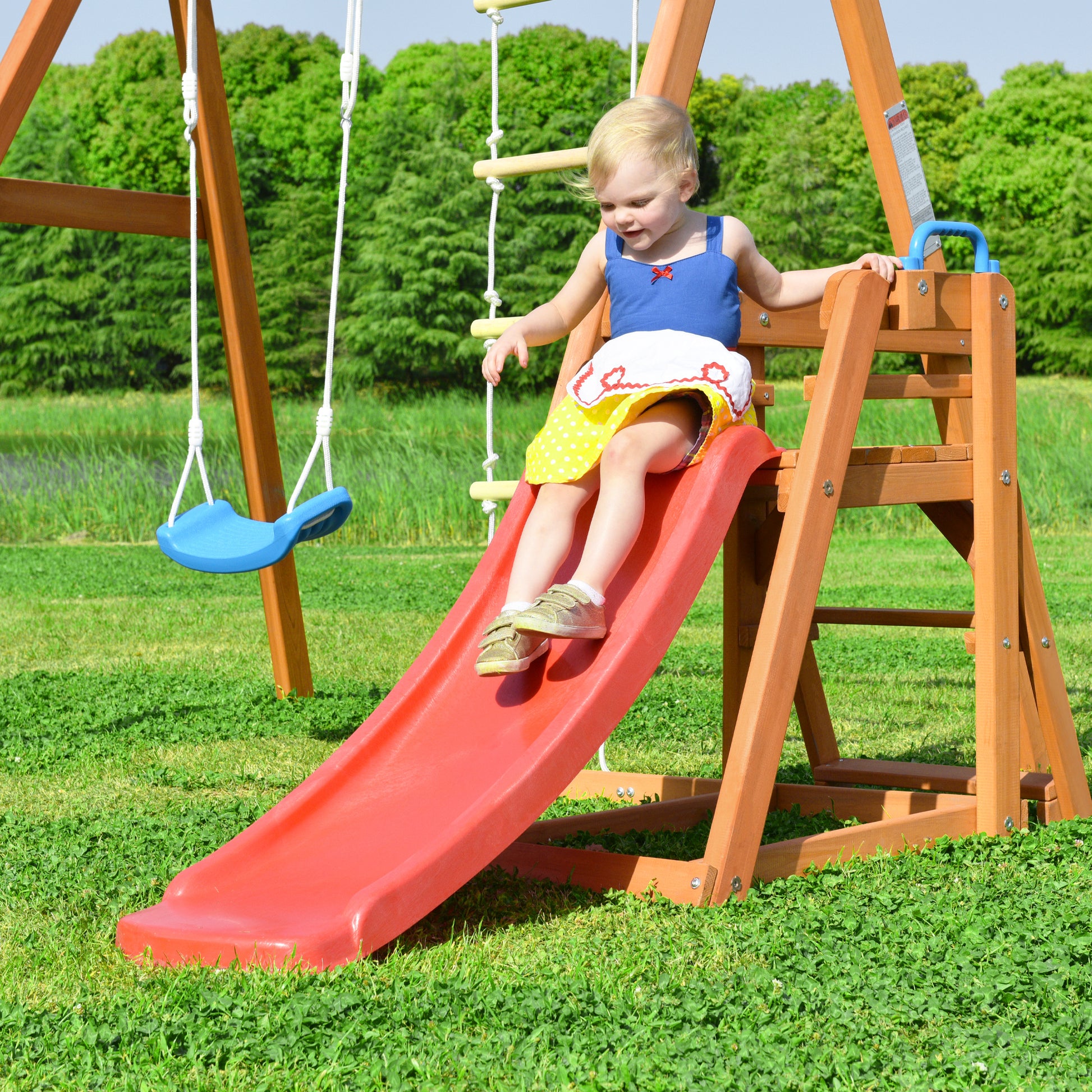 Wooden Swing Set with Slide, Outdoor Playset Backyard Activity Playground Climb Swing Outdoor Play Structure for Toddlers, Ready to Assemble Wooden Swing-N-Slide Set Kids Climbers himalipasal