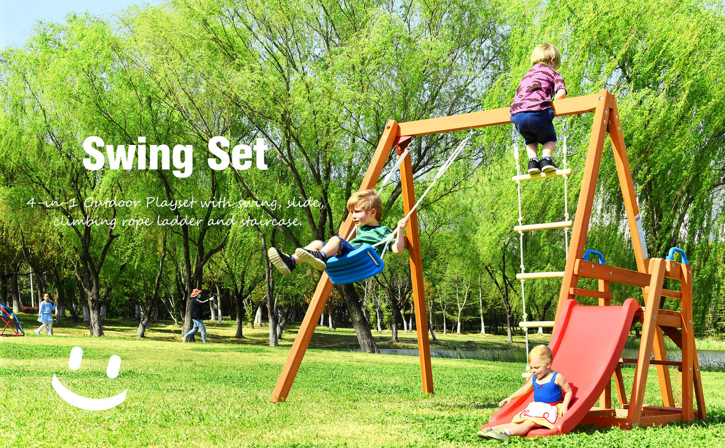 Wooden Swing Set with Slide, Outdoor Playset Backyard Activity Playground Climb Swing Outdoor Play Structure for Toddlers, Ready to Assemble Wooden Swing-N-Slide Set Kids Climbers himalipasal