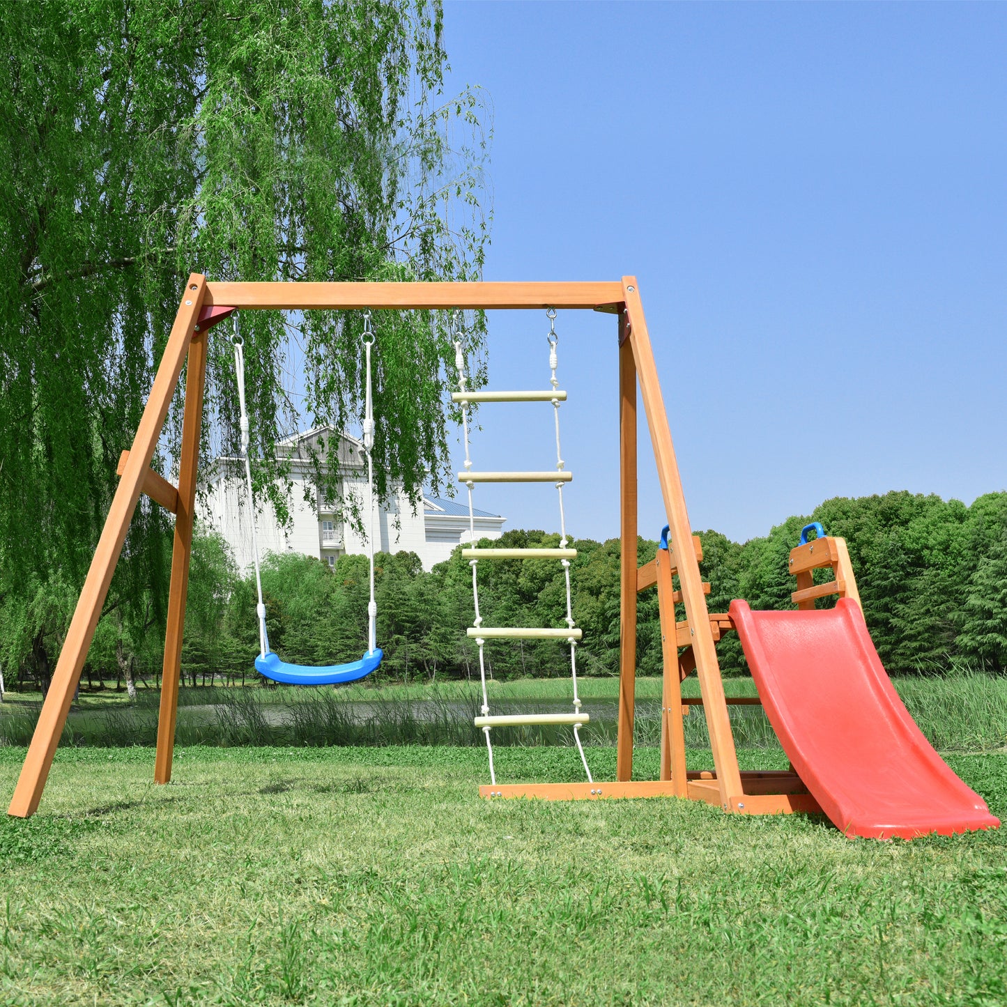 Wooden Swing Set with Slide, Outdoor Playset Backyard Activity Playground Climb Swing Outdoor Play Structure for Toddlers, Ready to Assemble Wooden Swing-N-Slide Set Kids Climbers himalipasal