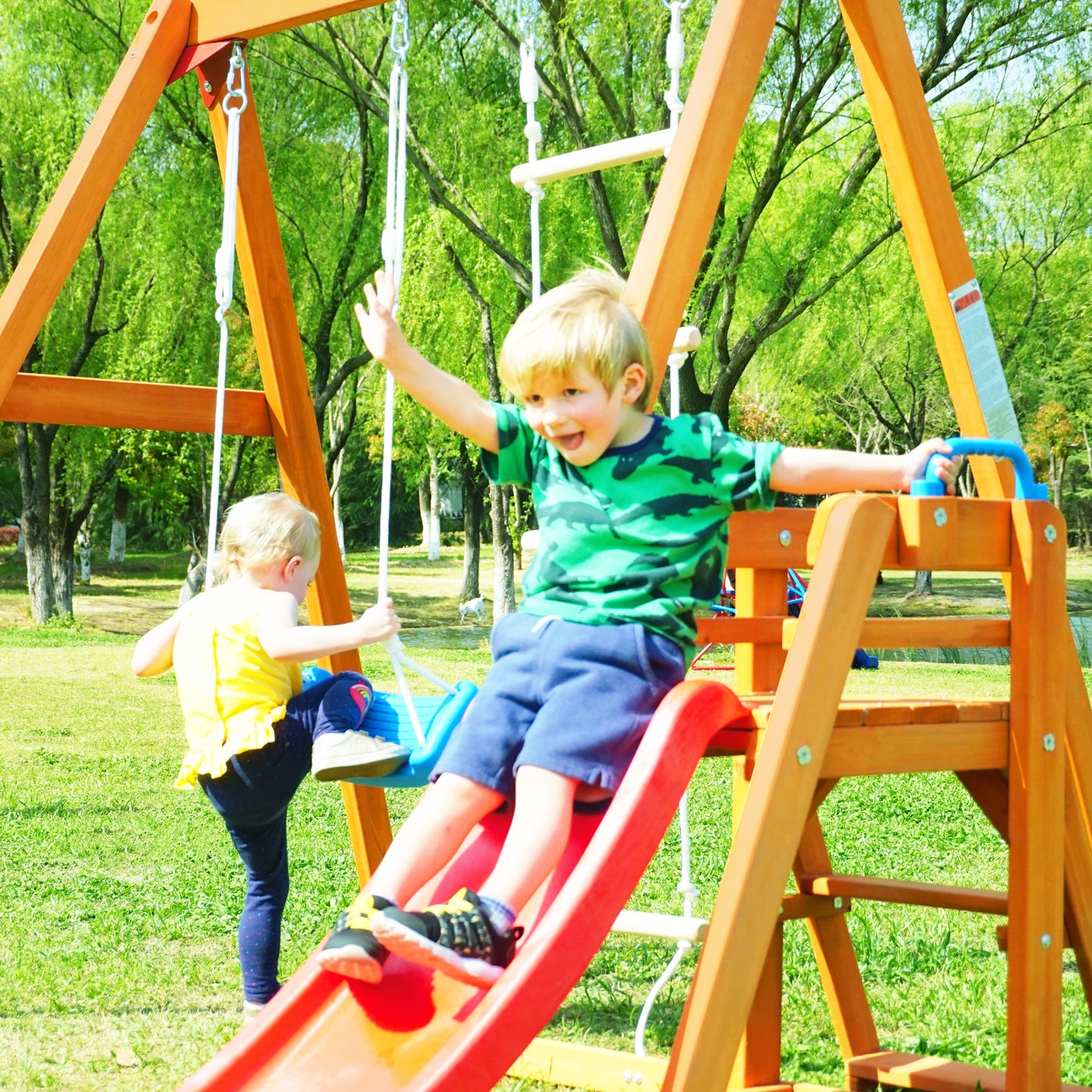 Wooden Swing Set with Slide, Outdoor Playset Backyard Activity Playground Climb Swing Outdoor Play Structure for Toddlers, Ready to Assemble Wooden Swing-N-Slide Set Kids Climbers himalipasal