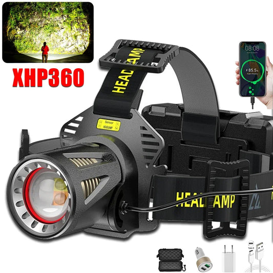 XHP360 LED Headlamp Zoomable Sensor Headlight USB Rechargeable Head Flashlight Outdoor Waterproof Fishing Emergency Power Bank himalipasal