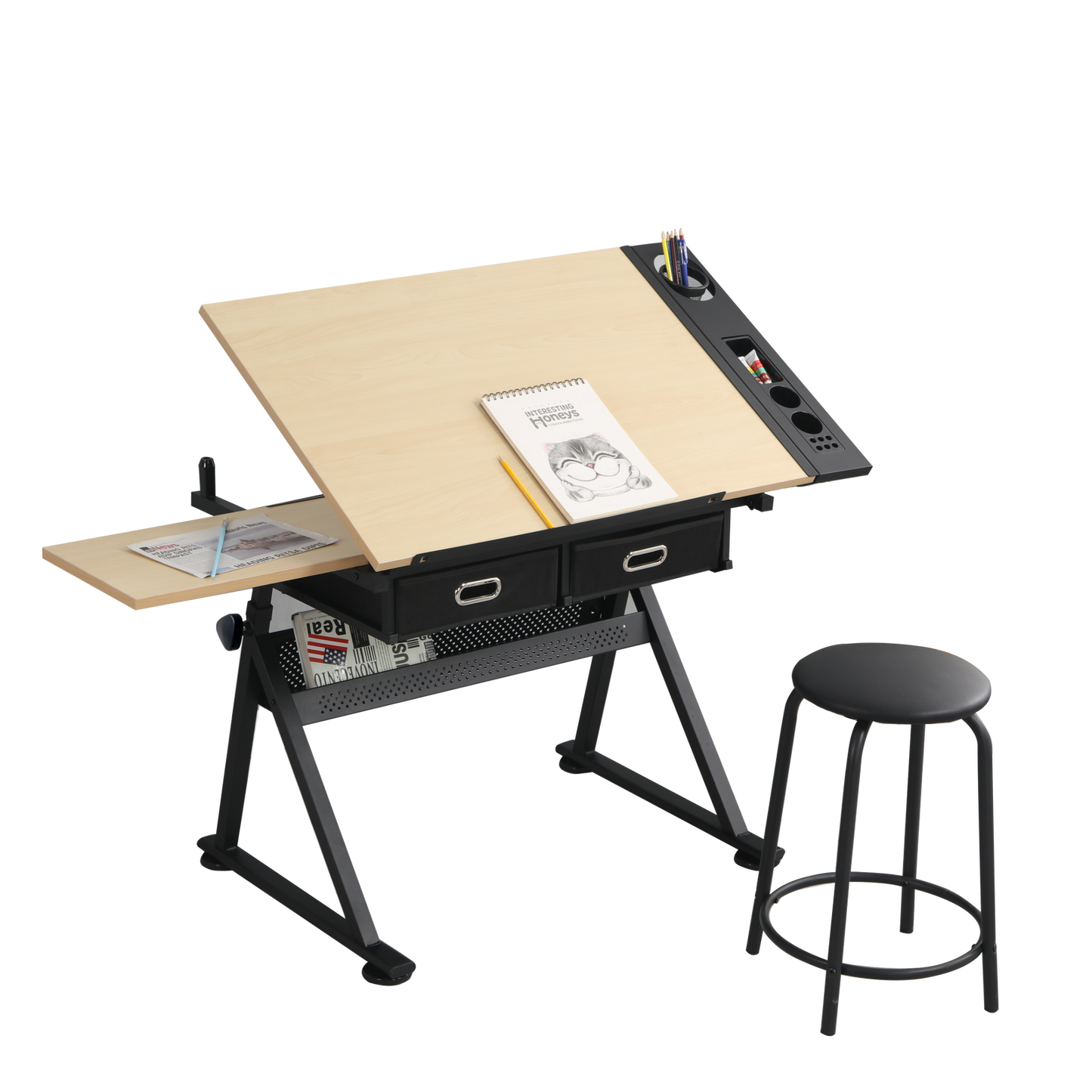 adjustable drawing drafting table desk with 2 drawers for home office and school with stool(wood) himalipasal