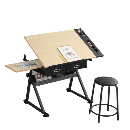 adjustable drawing drafting table desk with 2 drawers for home office and school with stool(wood) himalipasal