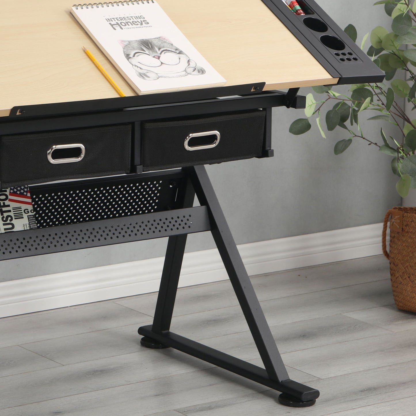 adjustable drawing drafting table desk with 2 drawers for home office and school with stool(wood) himalipasal