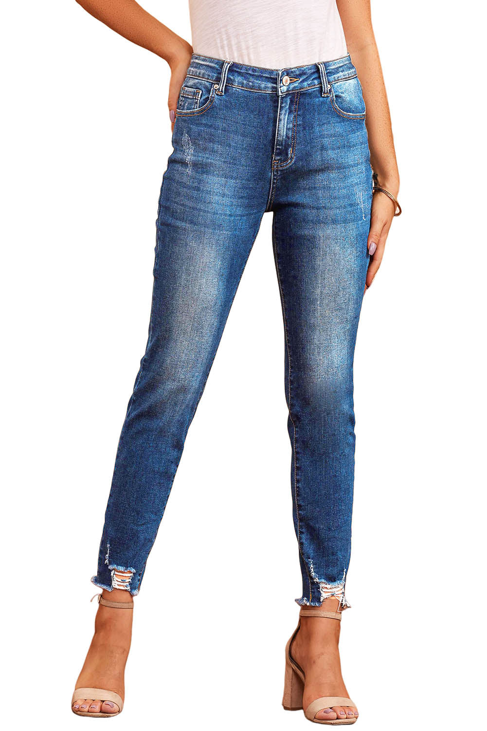 Dark Blue Casual Raw Hem Ankle Length Skinny Jeans