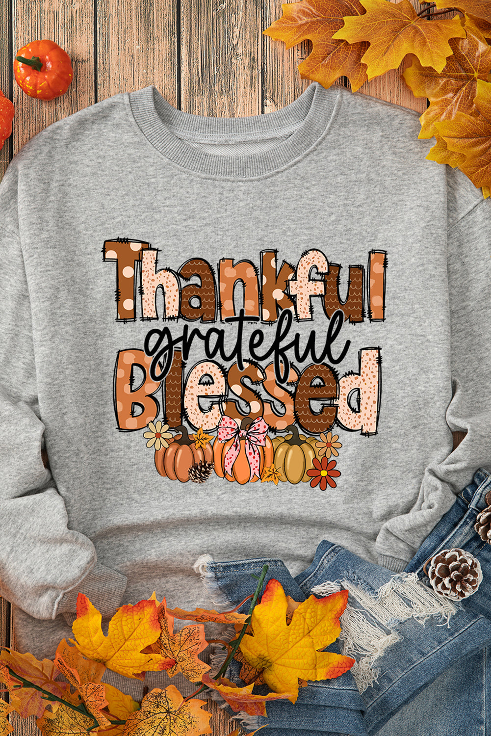 Gray Thankful Grateful Blessed Pumpkin Printed Pullover Sweatshirt