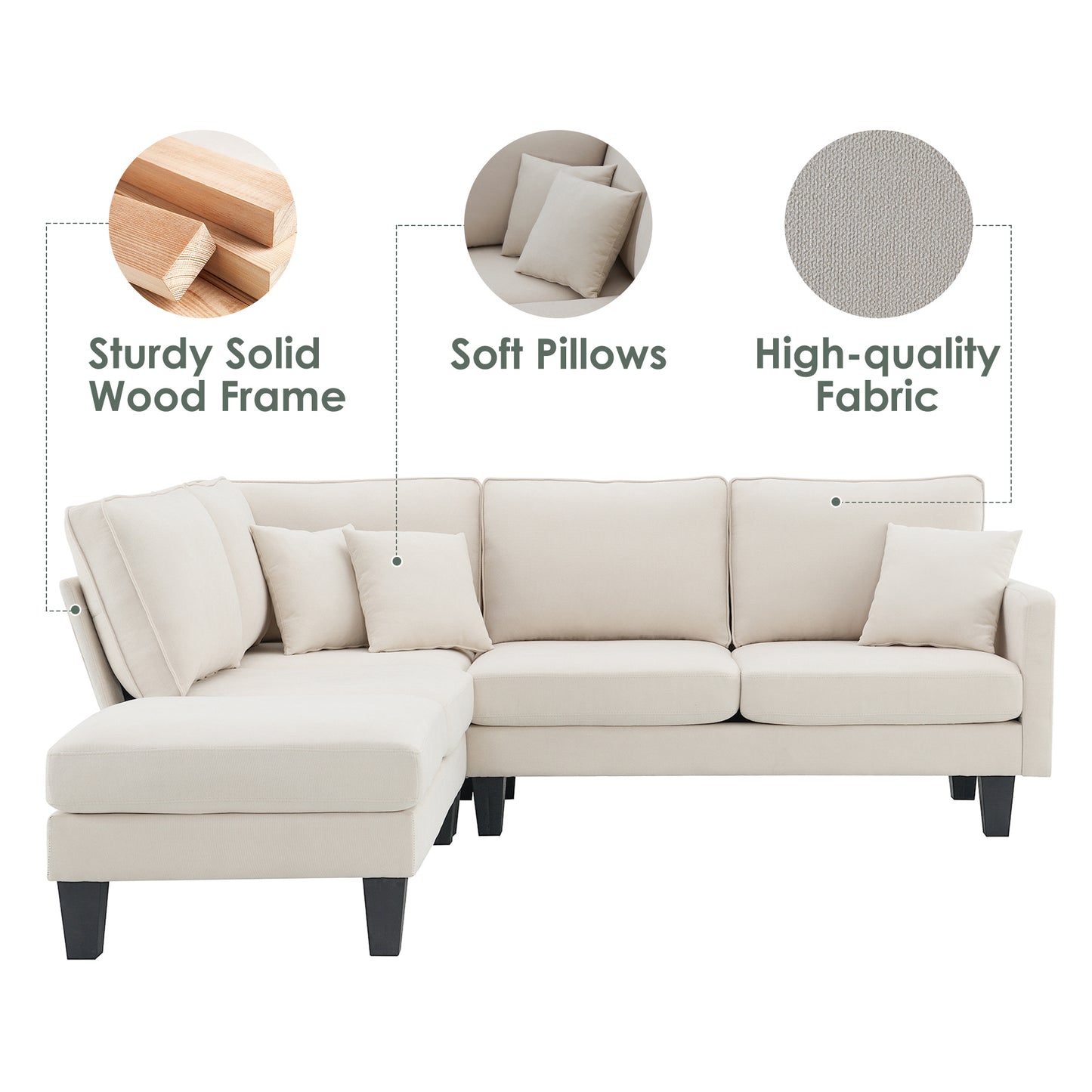 [VIDEO provided][New]90*88" Terrycloth Modern Sectional Sofa,5-Seat Practical Couch Set with Chaise Lounge,L-Shape minimalist Indoor Furniture with 3 Pillows for Living Room,Apartment,Office, 3 Colors