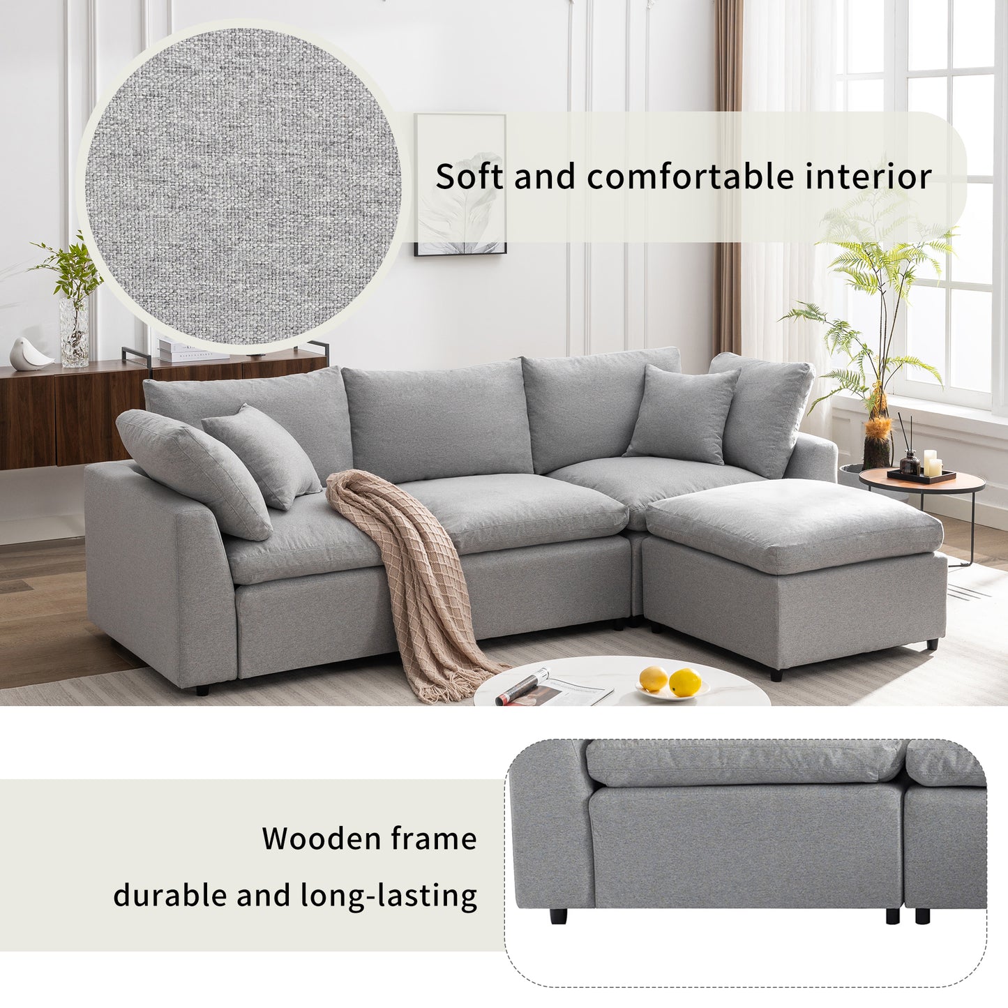 [ Video Provided]U_STYLE Down Filled Upholstery Convertible Sectional Sofa, L Shaped Couch with Reversible Chaise