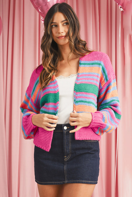 Rose Striped Puff Sleeve Open Front Cardigan