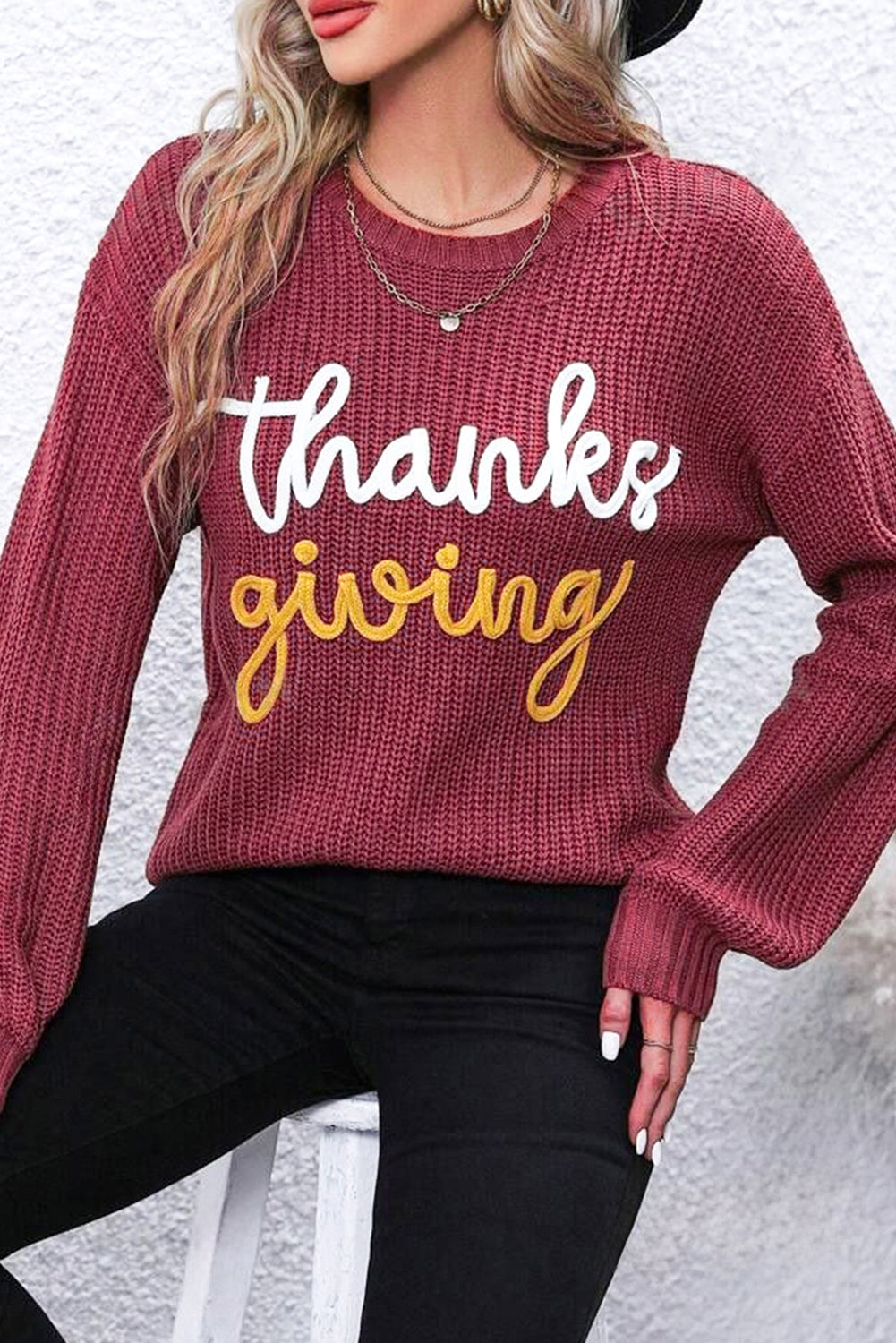 Gold Flame Thanksgiving Letter Graphic Crew Neck Sweater