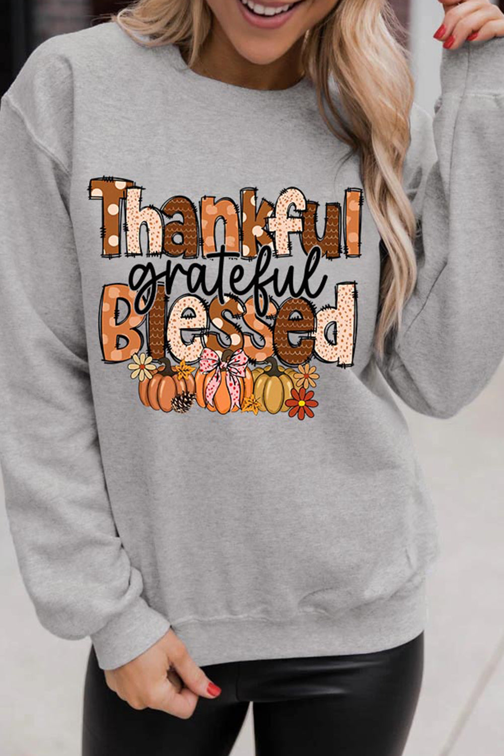 Gray Thankful Grateful Blessed Pumpkin Printed Pullover Sweatshirt