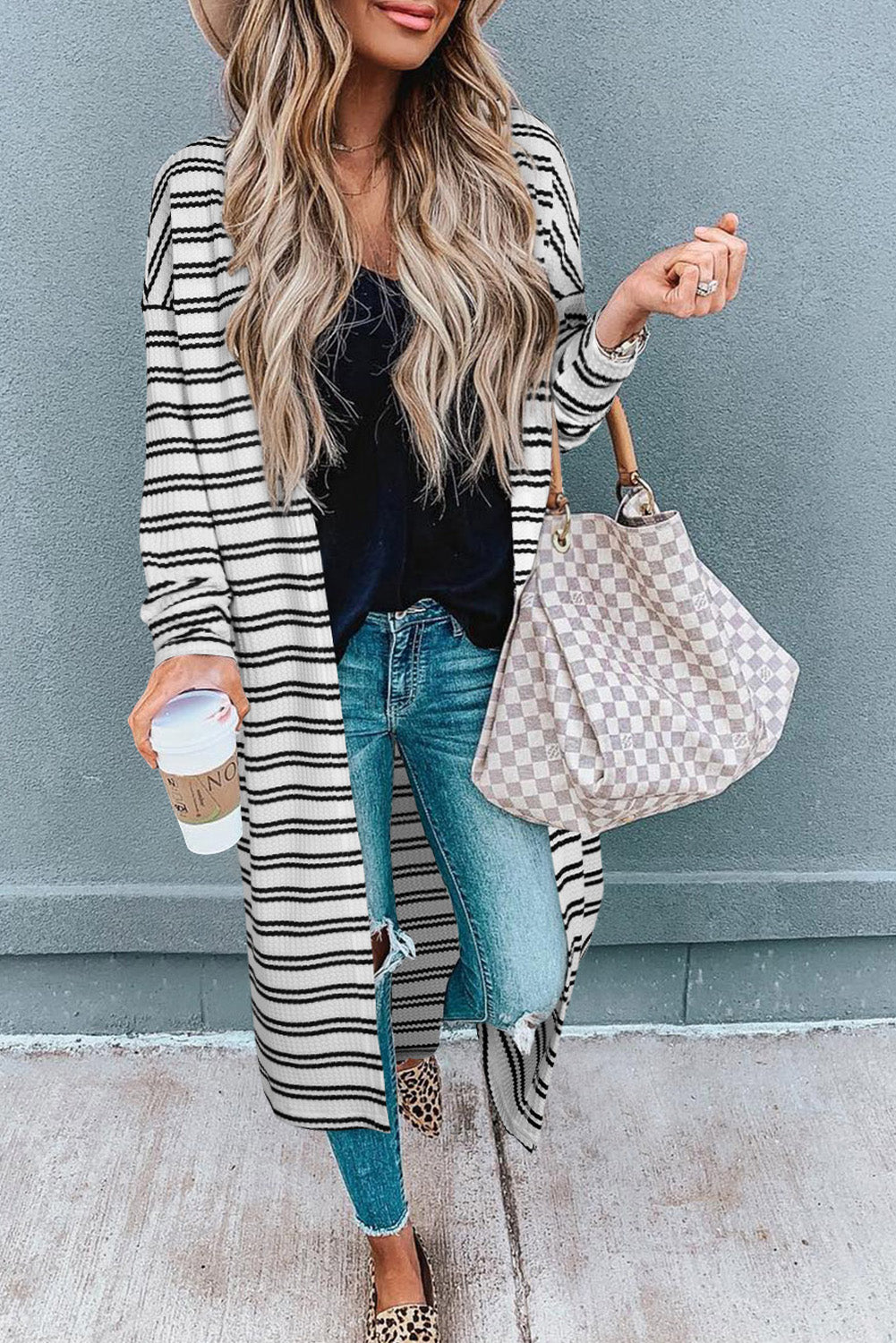 Black Stripe Print Open Front Duster Cardigan