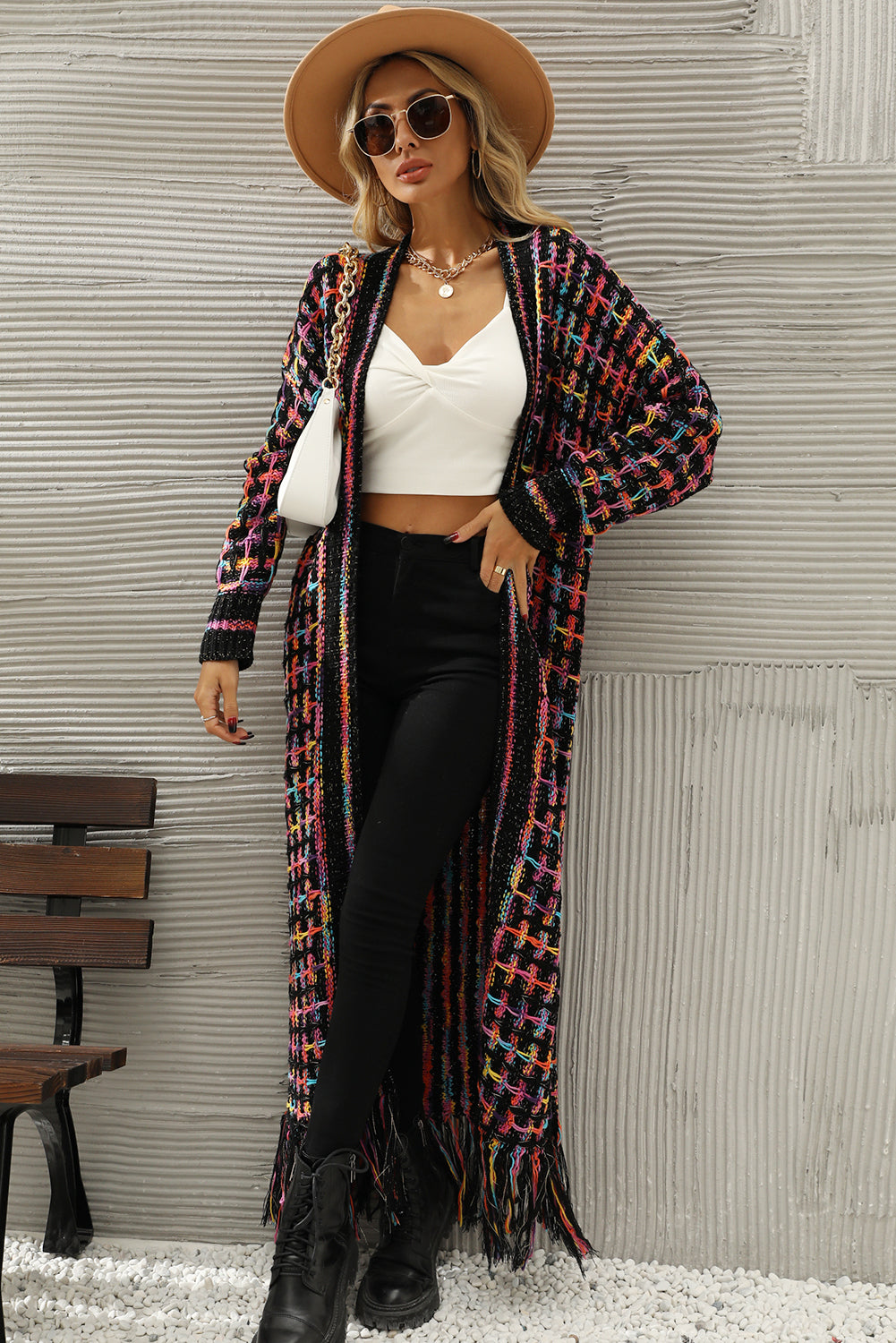 Black Plaid Fringe Hem Long Knit Cardigan