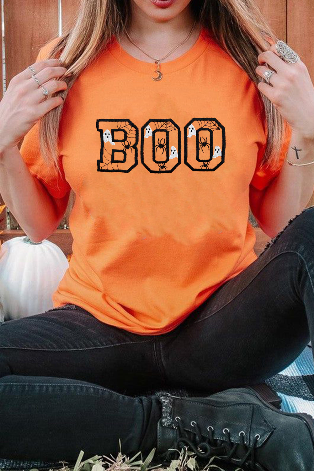Orange BOO Halloween Ghost Spider Embroidered Graphic Tee