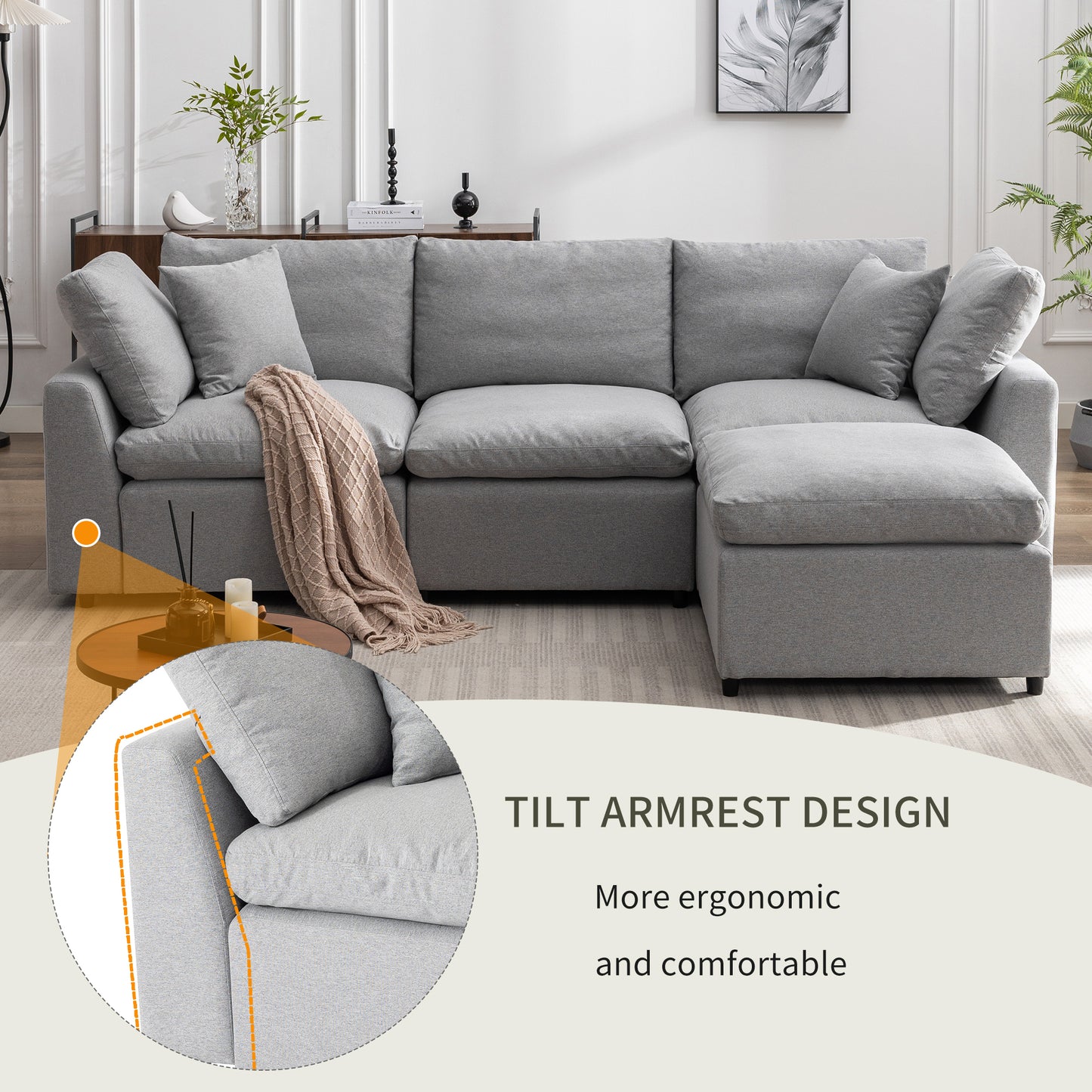 [ Video Provided]U_STYLE Down Filled Upholstery Convertible Sectional Sofa, L Shaped Couch with Reversible Chaise