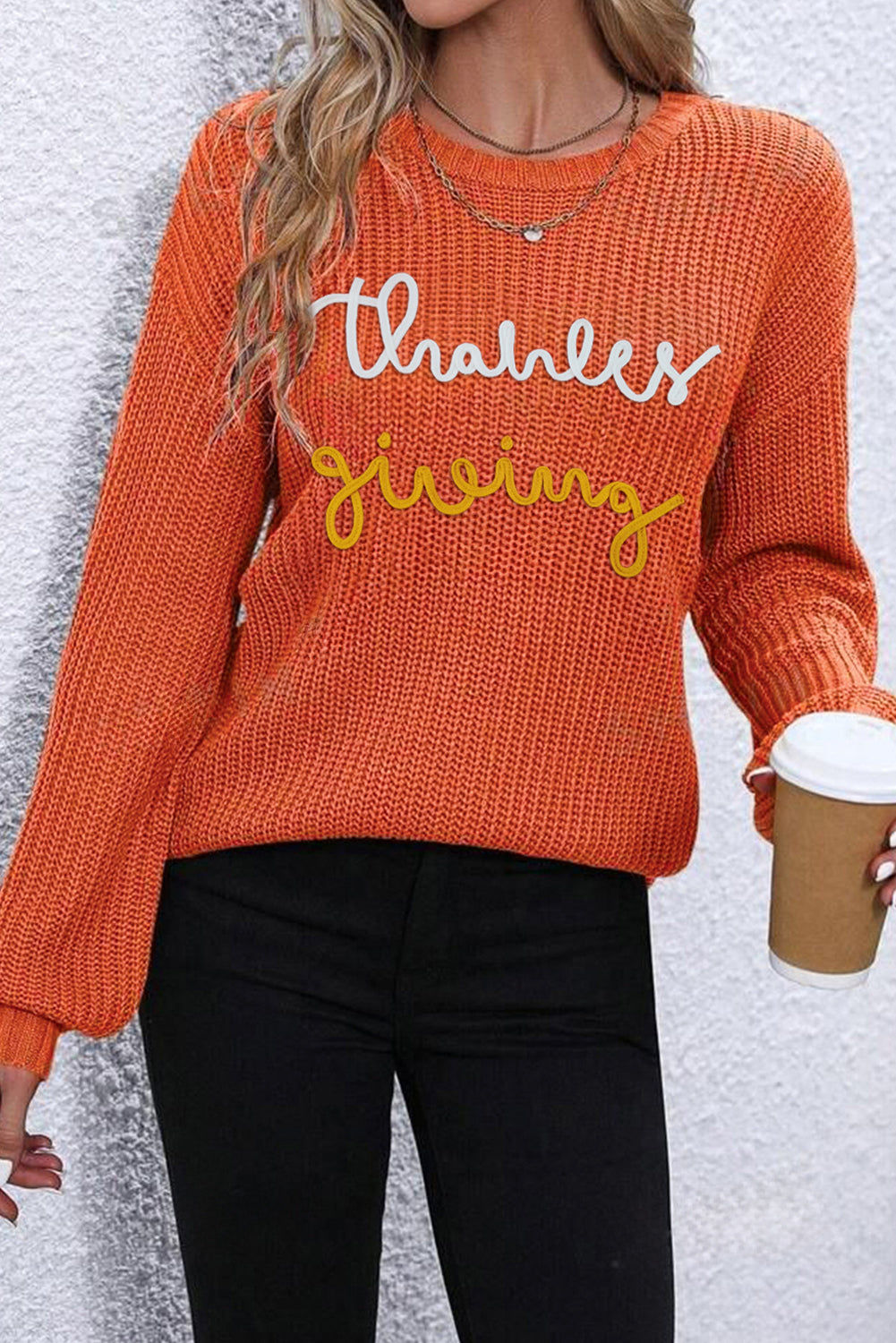 Gold Flame Thanksgiving Letter Graphic Crew Neck Sweater