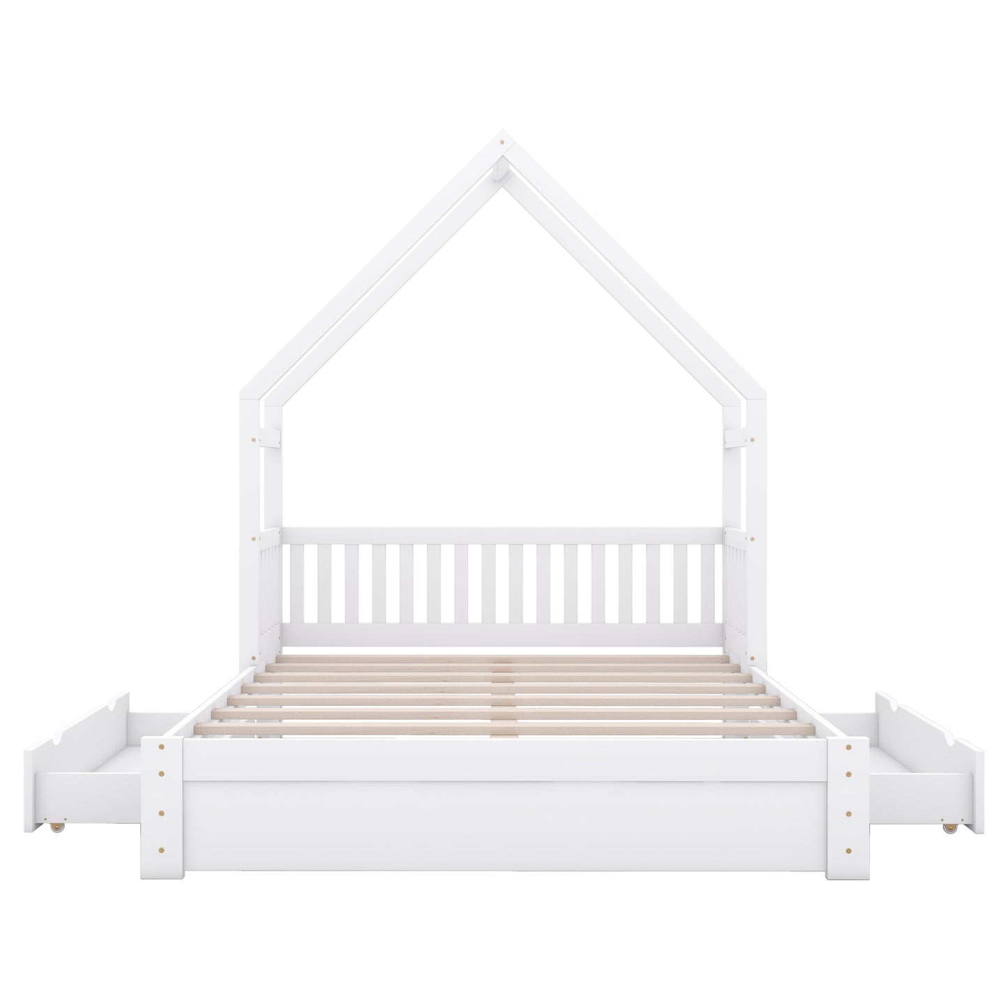 White House-Style Queen Size Platform Bed with Guardrail and 2 Drawers, Pine Wood + MDF