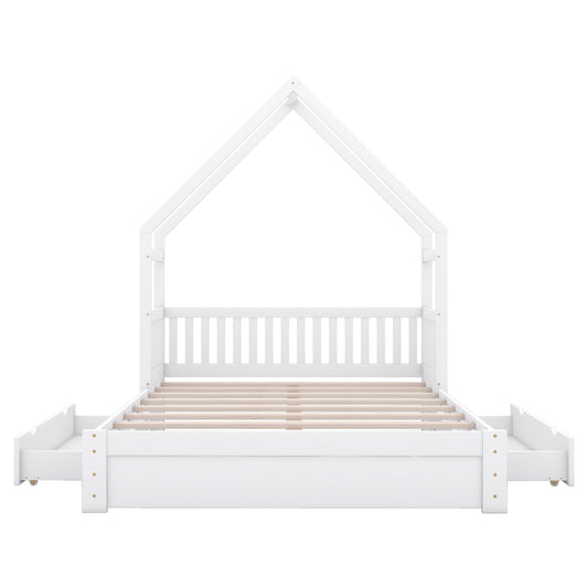 White House-Style Queen Size Platform Bed with Guardrail and 2 Drawers, Pine Wood + MDF