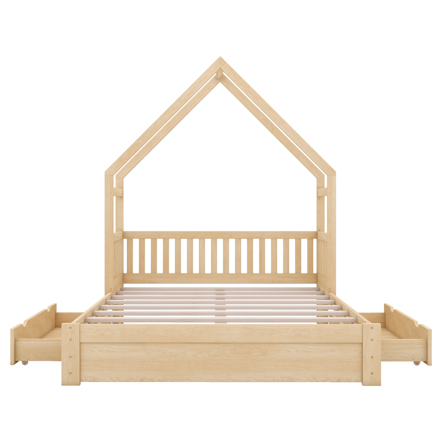 Wood Queen Size House Platform Bed with Guardrail and 2 Drawers in Natural Finish, Pine Wood and MDF