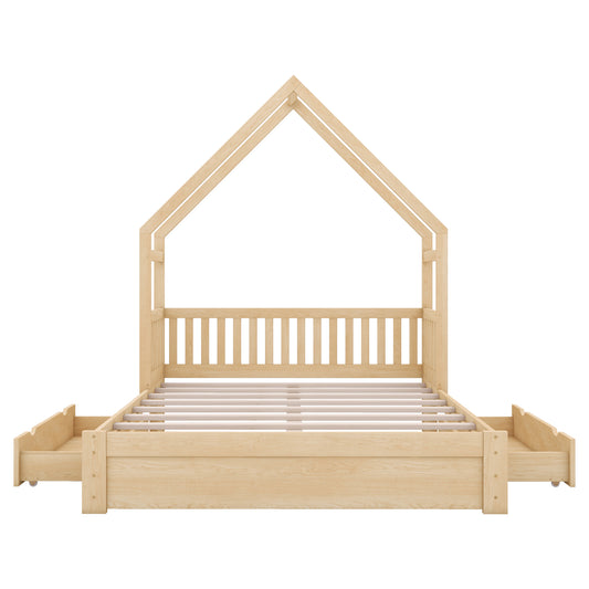 Wood Queen Size House Platform Bed with Guardrail and 2 Drawers in Natural Finish, Pine Wood and MDF