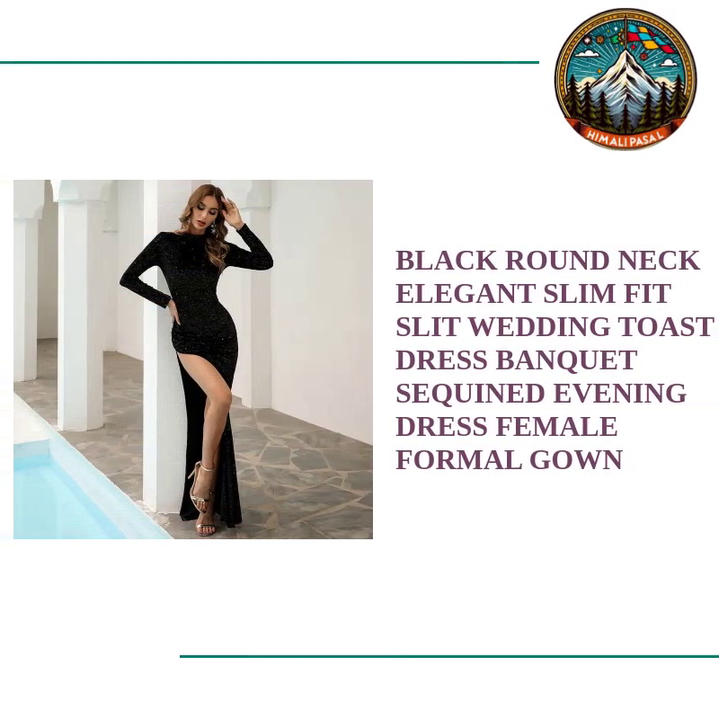 Black round Neck Elegant Slim Fit Slit Wedding Toast Dress Banquet Sequined Evening Dress Female Formal Gown Black round Neck Elegant Slim Fit Slit Wedding Toast Dress Banquet Sequined Evening Dress Female Formal Gown